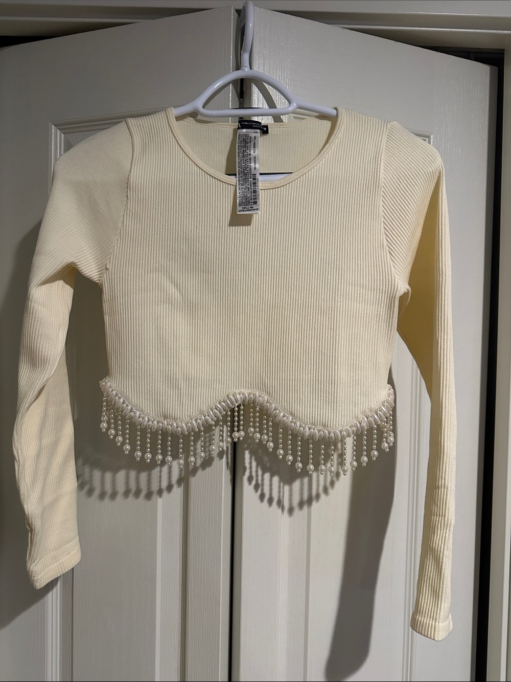 Zara Cream Ribbed Long-Sleeve Pearl-Trim Crop Top